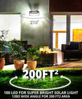 100 LED Solar Outdoor Lights With Adjustable Modes for Front Door Yard Garage and Deck illuminating a 200 sq ft area
