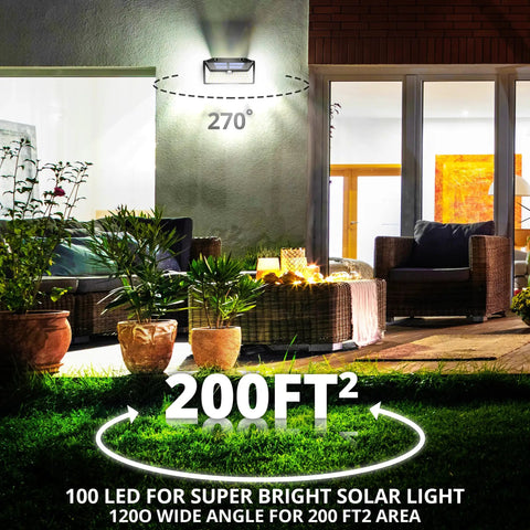 100 LED Solar Outdoor Lights With Adjustable Modes for Front Door Yard Garage and Deck illuminating a 200 sq ft area