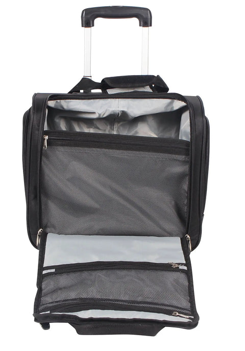 Under Seat Carry On Bag With Rolling Wheels For Airline Travel Your Go To 15 Inch Personal Item open showing interior compartments