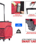 Ultra Compact Cooler Smart Cart Red Insulated Collapsible Rolling Tote For Tailgate BBQ Beach And Summer Trips Lightweight Under 3 Lbs With Locking Telescoping Handle Keeps Ice Cream And Popsicles Frozen On The Go, front view showing pocket and handle
