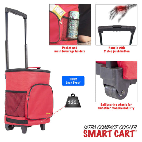 Ultra Compact Cooler Smart Cart Red Insulated Collapsible Rolling Tote For Tailgate BBQ Beach And Summer Trips Lightweight Under 3 Lbs With Locking Telescoping Handle Keeps Ice Cream And Popsicles Frozen On The Go, front view showing pocket and handle