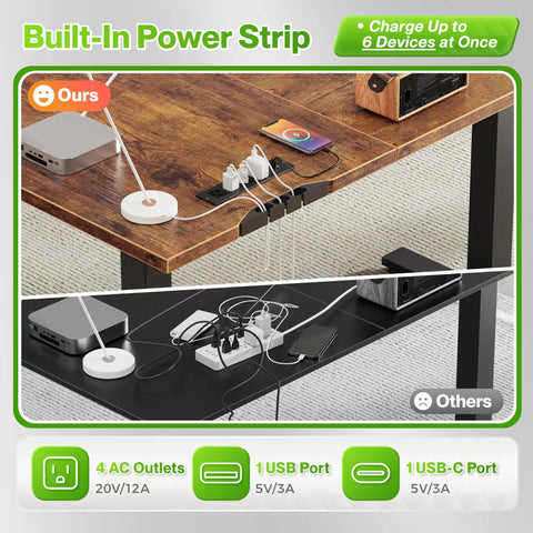 Close-up of L Shaped Standing Desk With Power Outlets showcasing built-in power strip and charging ports on rustic brown finish.