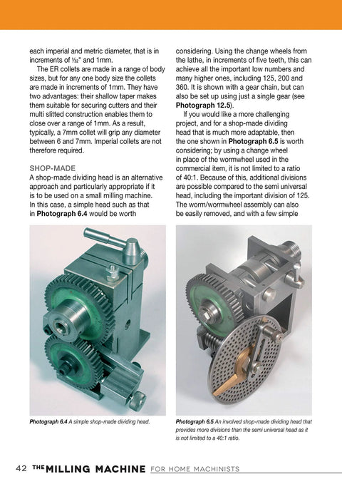 Book page from The Milling Machine for Home Machinists showing two milling machine dividing heads; green and gray units