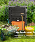 Heavy Duty Outdoor Compost Bin 80 Gallon Capacity 300L Barrel For Fast Fermentation with garden tools and waste in front view