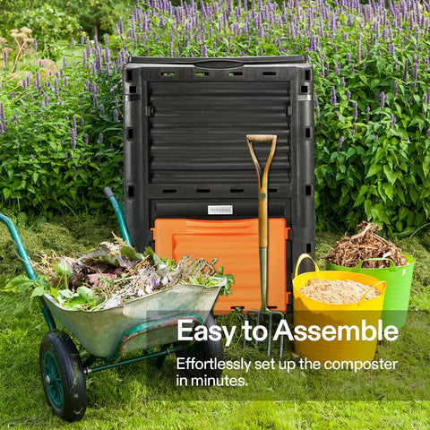 Heavy Duty Outdoor Compost Bin 80 Gallon Capacity 300L Barrel For Fast Fermentation with garden tools and waste in front view
