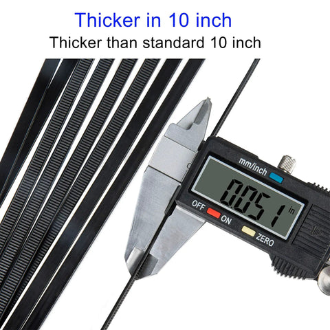 Nylon Zip Ties 10 Inch Black Heavy Duty Cable Ties 6mm Wide Pack Of 100, 0.051 inch thickness measurement with caliper