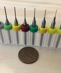 Micro Drill Bit Set 0.1 To 1.0 mm For Nozzle Cleaning, precision bits on stand with size comparison to coin