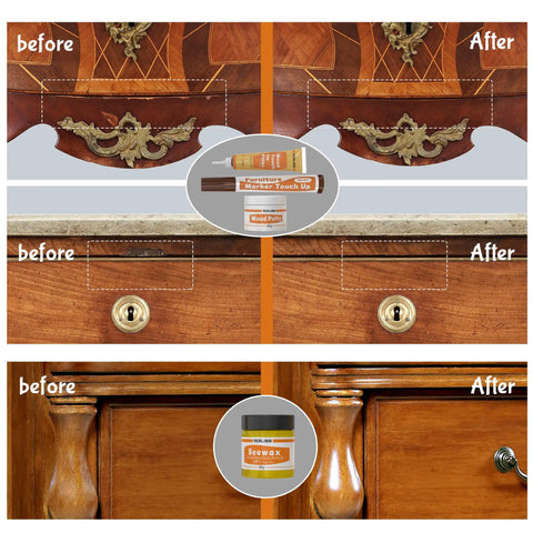Wood Furniture Repair Kit 28 Piece Set With Touch Up Markers And Fillers before and after repair on drawers.