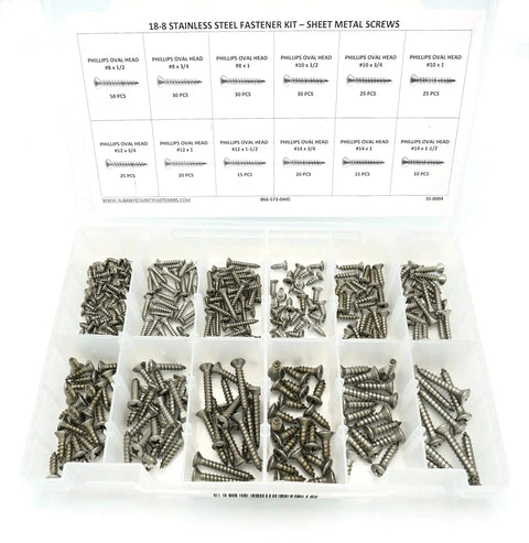 Heavy Duty 18-8 Stainless Steel Phillips Oval Head Sheet Metal Screw Kit Includes 8 Through 14, 296 Pieces In A Durable Case