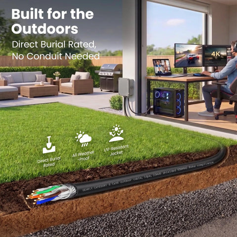 Outdoor Cat6 Ethernet Cable 250ft 23AWG Pure Copper FTP Shielded Direct Burial in grass showing internal wires and UV-resistant jacket