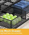Wire mesh drawer of Golf Bag Storage Organizer with wheels for garage and shed, showing storage for golf balls and folded towels.