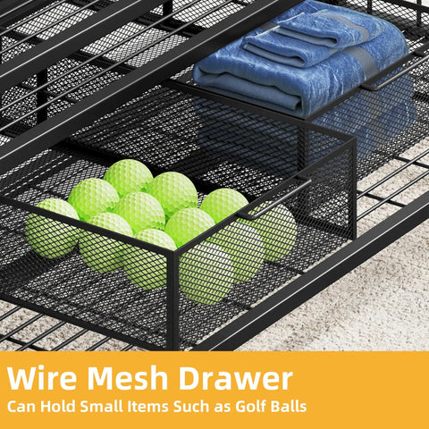 Wire mesh drawer of Golf Bag Storage Organizer with wheels for garage and shed, showing storage for golf balls and folded towels.