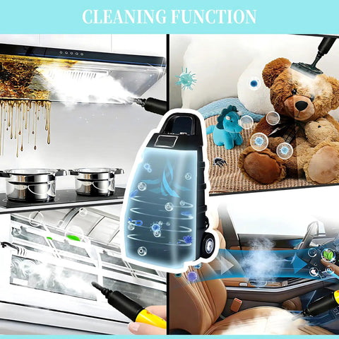 Heavy Duty Industrial Steam Cleaner For Home And Car Use, showcasing cleaning features on kitchen, toys, and car interiors.