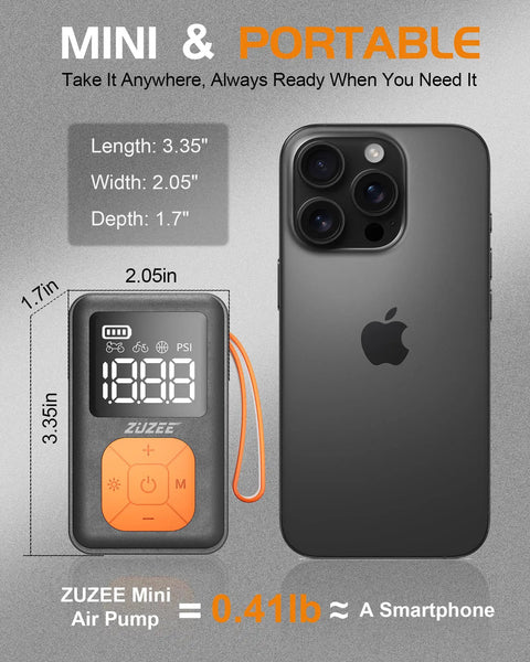 Mini Bike Pump With Gauge Portable 150 PSI Electric Tire Inflator comparable to smartphone size