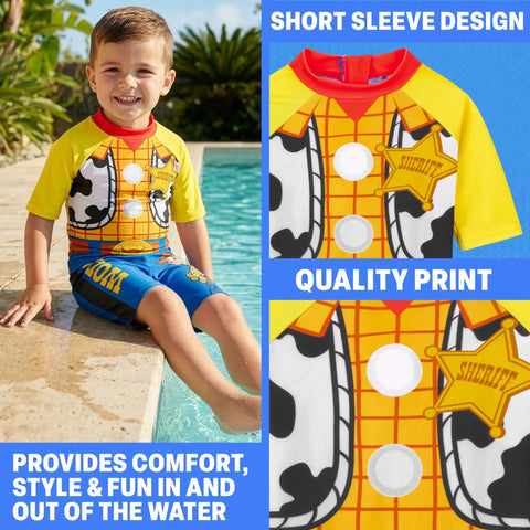 Boy wearing Two Piece Toy Story Boys Rash Guard And Swim Trunks Set With Woody And Buzz Lightyear Graphics by the poolside.