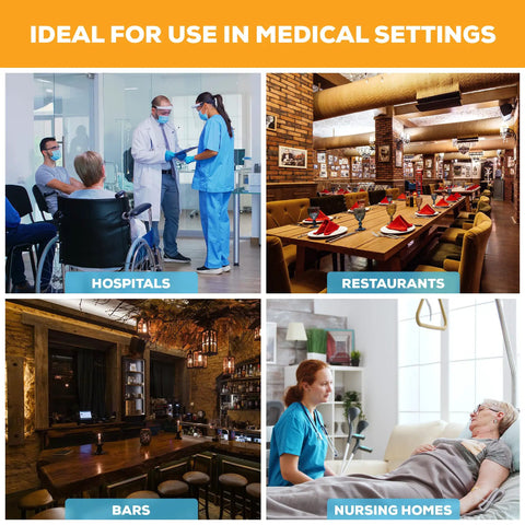 Collage showcasing use of WS 90 Indoor Fly Trap in hospitals, restaurants, bars, and nursing homes for insect control.