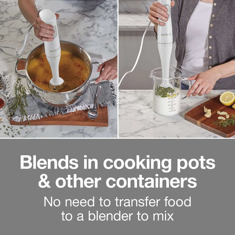 Smooth Operator Electric Immersion Blender With Detachable Dishwasher Safe Blades, Two Speed Settings For Hassle Free Purees in use blending soup and ingredients.
