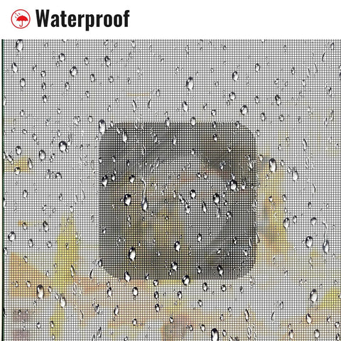 Window Screen Patch Kit With 10 4X4 Black Patches Self Adhesive 3 Layer Mesh Tape For Tears And Holes In Window And Door Screens Quick DIY Fix Easy Home Improvement For Instant Screen Repair, waterproof screen patch on mesh with raindrops.