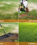 Sequenced lawn improvement using Heavy Duty Lawn Leveling Rake With Stainless Steel Handle 72 Inch Yard Leveling Tool For Smoothing Soil