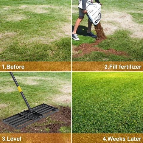 Sequenced lawn improvement using Heavy Duty Lawn Leveling Rake With Stainless Steel Handle 72 Inch Yard Leveling Tool For Smoothing Soil