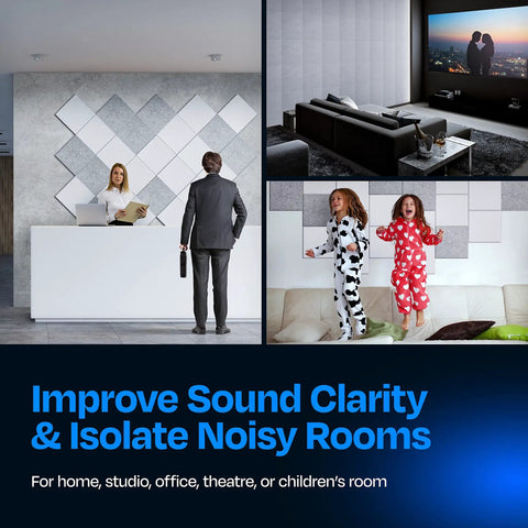 High Density Acoustic Wall Panels 12 Pack Sound Dampening 12 X 12 Inch Soundproof Tiles in modern office reception area.