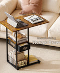 C-Shaped Side Table With Wheels And Large Wood Top, Mobile Overbed Stand With Drawer For Bed Or Sofa in living room setting