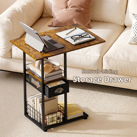 C-Shaped Side Table With Wheels And Large Wood Top, Mobile Overbed Stand With Drawer For Bed Or Sofa in living room setting