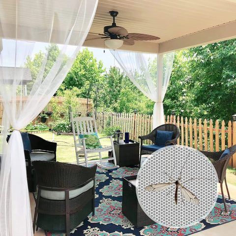 Outdoor Mosquito Net For Porch, Patio, Gazebo 2 Panels Waterproof Sheer Tulle Curtains, installed on a porch with mesh detail inset