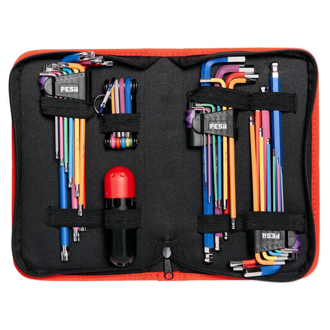 Jumbo Allen Wrench Set With 29 Pieces Torx SAE And Metric Hex Keys in storage case showcasing colorful tools