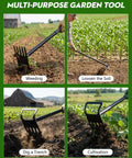 2-In-1 Garden Hoe With 60 Inch Adjustable Handle used for weeding, soil loosening, trench digging, and cultivation in a garden