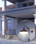 Outdoor Gooseneck Barn Light Fixture With Satin Black Finish, 14 Inch Shade And 22 Inch Extension Arm on brick wall, illuminated