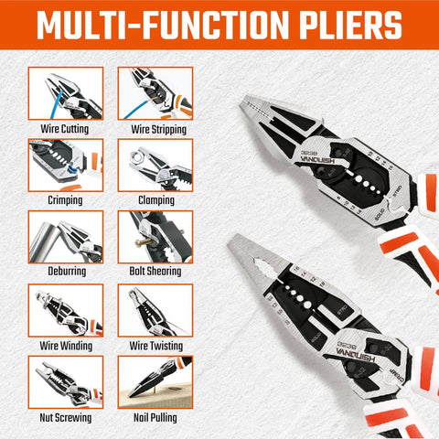 Heavy Duty 2 Piece Pliers Set With Linesman And Long Nose Pliers 8 Inch Multitool For Wire Cutting Stripping Crimping Winding And Deburring Built With CRV Steel For Lasting Tough Performance showcasing multiple functions