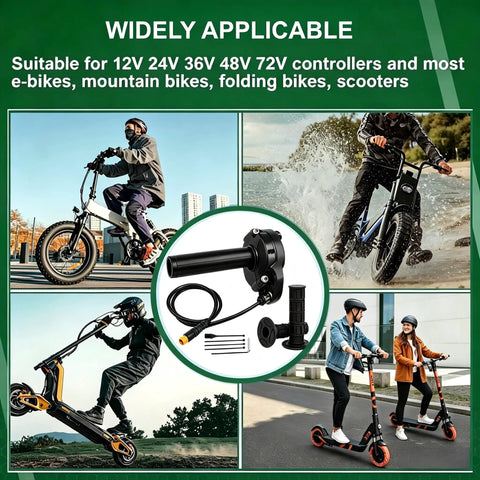 Full Twist Throttle For 12V 72V E Bikes Waterproof 3 Pin Twist Grip Handlebar shown with e-bikes and scooters