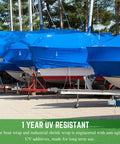 Polyethylene Shrink Wrap Roll 7 Mil Thick 14 Foot By 125 Foot Blue Marine Grade Film for securing boats during winter storage.
