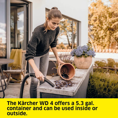 Woman using 5.3 Gallon Wet And Dry Shop Vacuum With Attachments For Home Garage And Workshop Pro Grade Suction Space Saving Design Easy Access Flat Pleated Filter For Quick Cleanup on outdoor patio