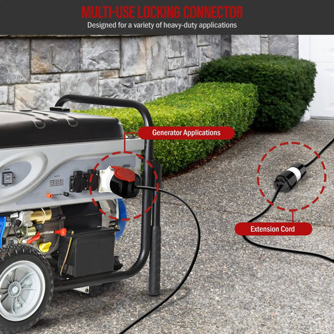 Built Tough Heavy Duty NEMA 6 15P Straight Blade Plug Connector 15 Amp 250 Volt in use with a generator and extension cord outdoors.