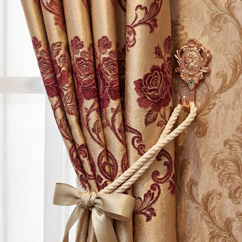 Built Tough Six Pack Vintage Curtain Tieback Hooks With Real Sharp Carved Rose Design Heavy Duty Cast Iron Wall Hooks For Coats Towels Keys Ready To Hang Gold Finish curtain tieback holding drapes in luxurious gold fabric