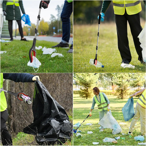 Volunteers using Two Pack 36 Inch Grabber Reacher Tool For Seniors Foldable Reachers With Anti Slip 90 Degree Rotating Jaw outdoors