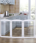 Freestanding Wire And Wood Pet Gate For Dogs, 60 Inches Wide By 30 Inches Tall, 3 Panels, White, set in kitchen doorway