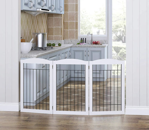 Freestanding Wire And Wood Pet Gate For Dogs, 60 Inches Wide By 30 Inches Tall, 3 Panels, White, set in kitchen doorway