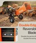 4-Inch Wood Chipper Shredder Mulcher, 9HP Gas-Powered Heavy Duty Chipping Machine shown with logs and reversible blades