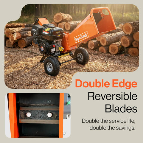 4-Inch Wood Chipper Shredder Mulcher, 9HP Gas-Powered Heavy Duty Chipping Machine shown with logs and reversible blades