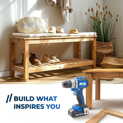 Top Shelf 20 Volt Cordless Compact Power Drill With Kicksome Torque And One Half Inch Keyless Chuck For Tough Diy Chores Variable Speed Switch Plus Dual Range Gearbox And Bright Led Work Lamp Badass Bare Tool Setup next to wooden bench with decorative items.