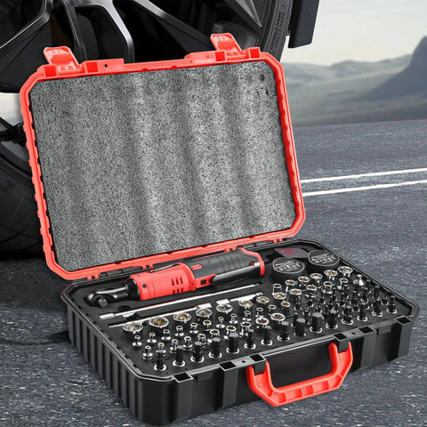 Kickass 3 8 Cordless Ratchet Wrench Kit Packing 40 Ft Lbs Of Beefy Torque With Variable Speed Trigger and 83 piece socket set in a case.