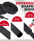 2 In 1 Heat Shrink Braided Sleeving Fabric Tubing Kit Half Inch Inner Diameter, 22 Feet Long, Tight Shrink Fit For Wires, Abrasion Resistant Cable Harness Protection, Neat Cable Management For Auto, Marine And DIY, black braided sleeve shown flat, round, and shrunk