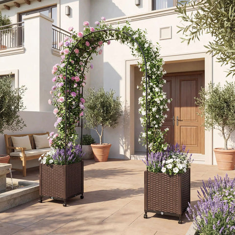 Metal Garden Arch Trellis Arbor With Two Self Watering Planter Boxes for Easy Planting and Climbing Vines in patio setting