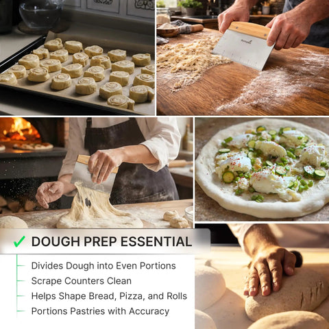 All Purpose Bench Scraper For Dough And Pizza Stainless Steel Heavy Duty Griddle Chopper in use for cutting and prepping dough