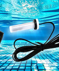 Pool heater temperature sensor probe with white translucent sensing rod, black collar, and long black cable