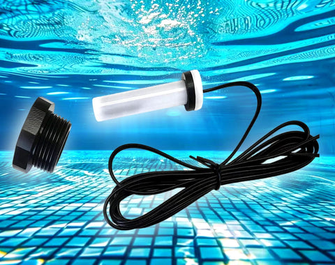 Pool heater temperature sensor probe with white translucent sensing rod, black collar, and long black cable