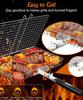 Two Piece Outdoor Grill Basket Set with removable wooden handles, grilling steak and veggies, stainless steel BBQ basket visible.